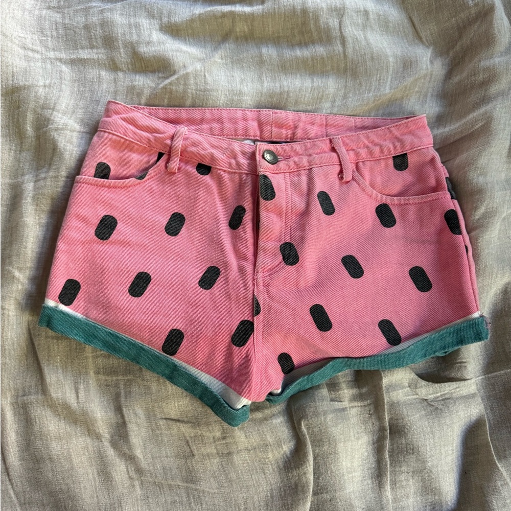 High waisted denim watermelon shorts